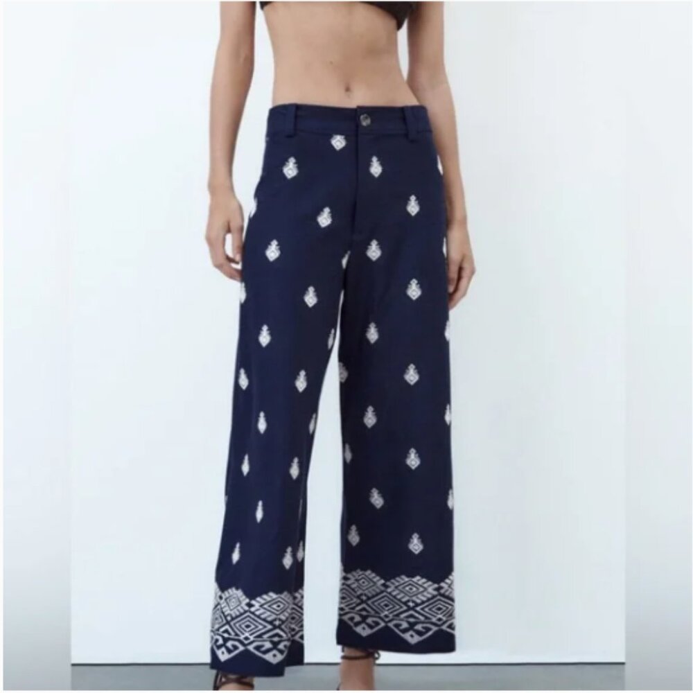 Zara Navy White Embroidered Crop Boho Pants Linen Blend Size M